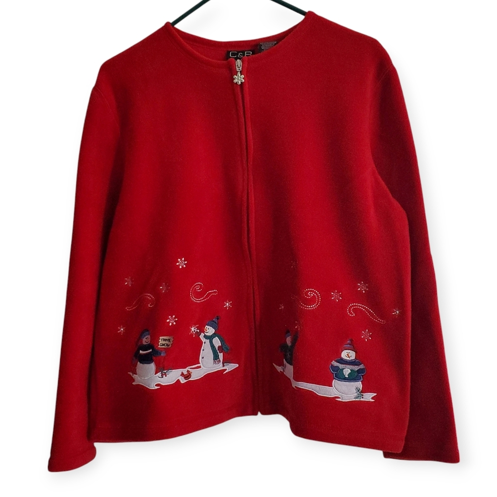 C&B Sport Petite Fleece Christmas Zip Front Jacket Top Red Snowman